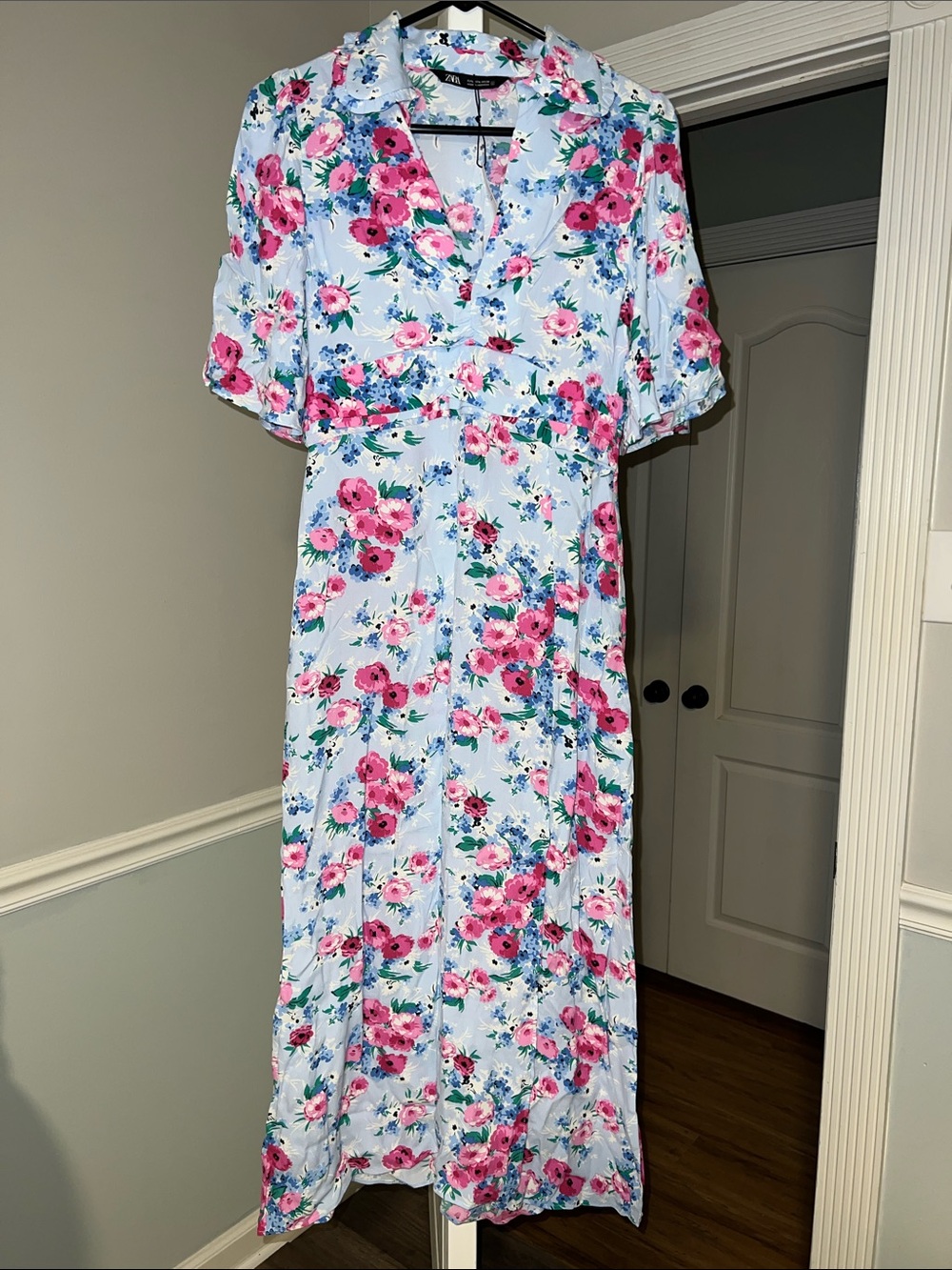 Zara Sky Blue Maxi Dress with Pink Floral Motif NWT